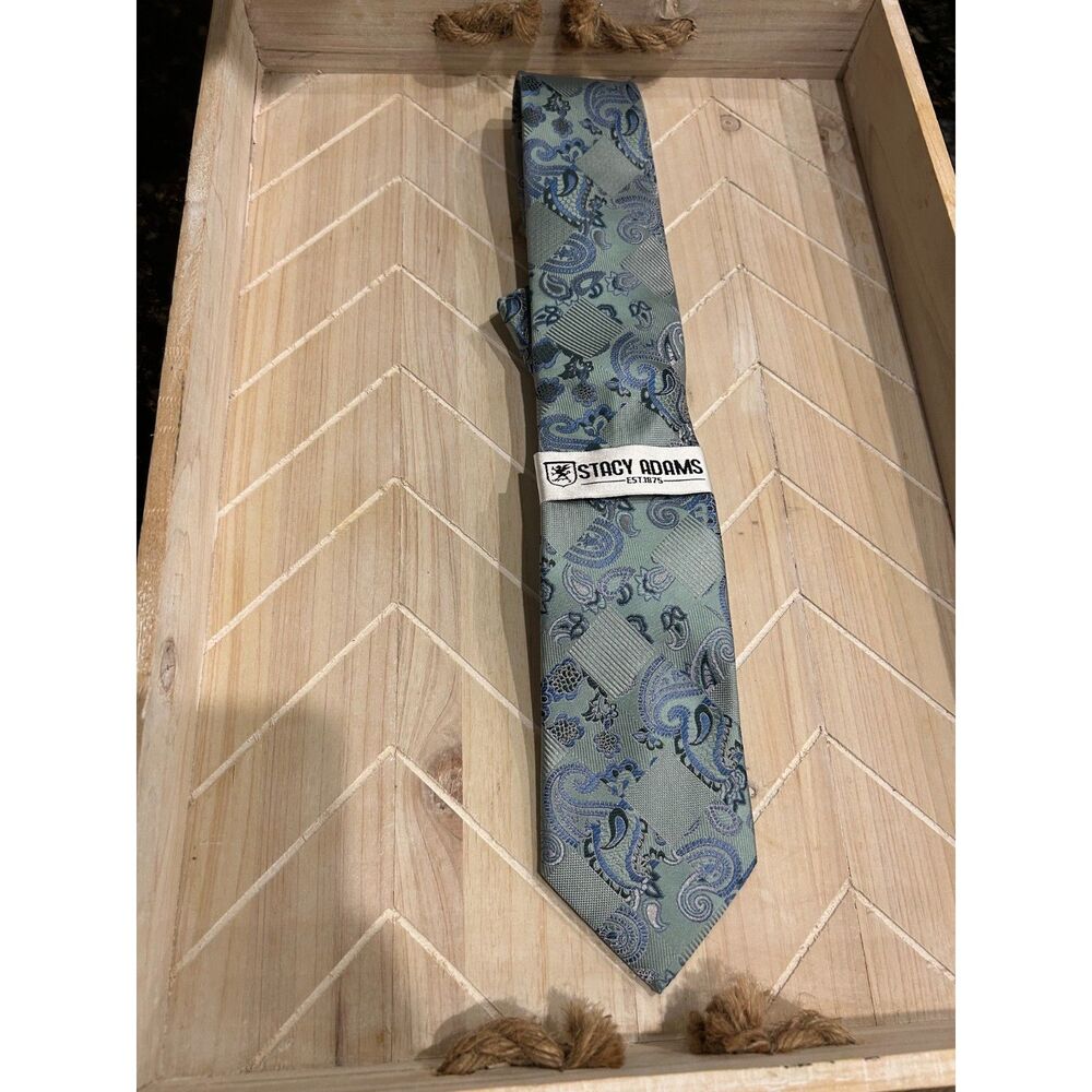 NWT Stacy Adams Tie & Pocket Square Set Sage Green Slate Blue Paisley